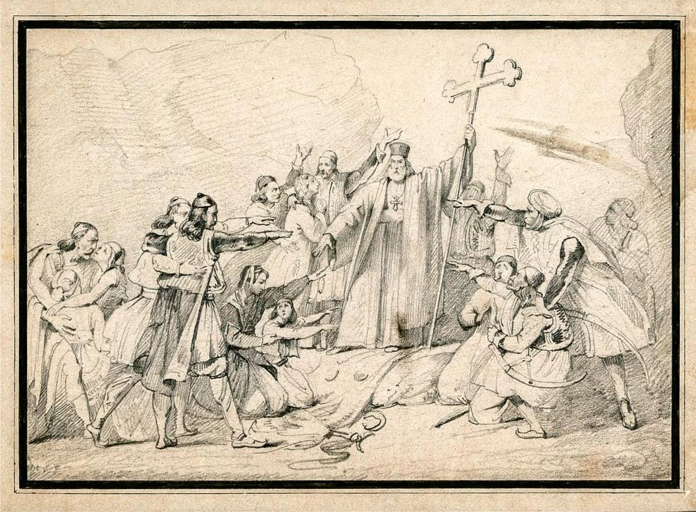 L'Arcivescovo Palaion Patrono Germanos che alza la bandiera della Rivoluzione a Kalavryta il 25 marzo 1821 - attribuito